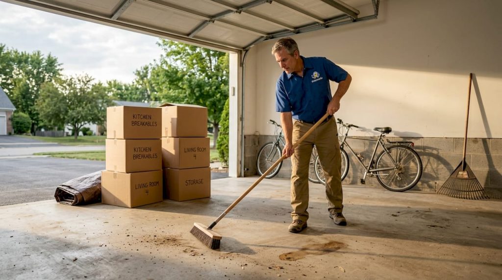 Man sweeping garage for move-out cleaning