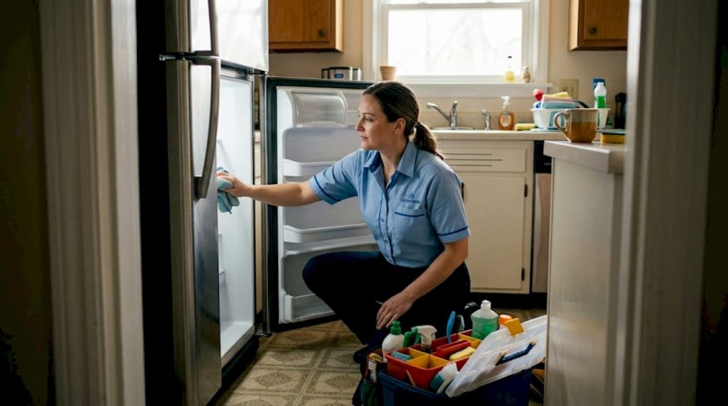 Technician cleaning rental refrigerator in kitchen