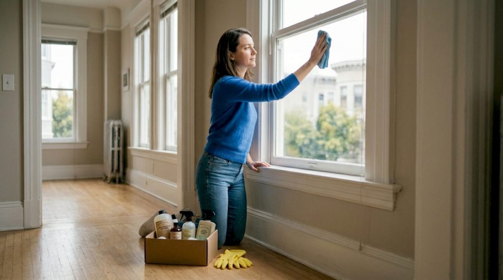 Woman cleaning empty living room for move-in