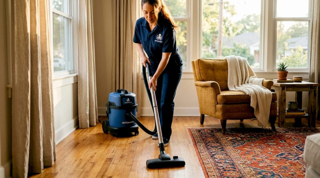 Professional cleaner vacuuming modern living room floor