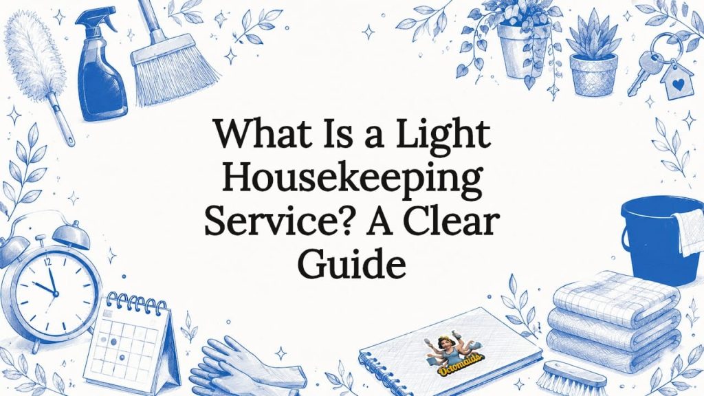 Decorative title card illustration of housekeeping tools