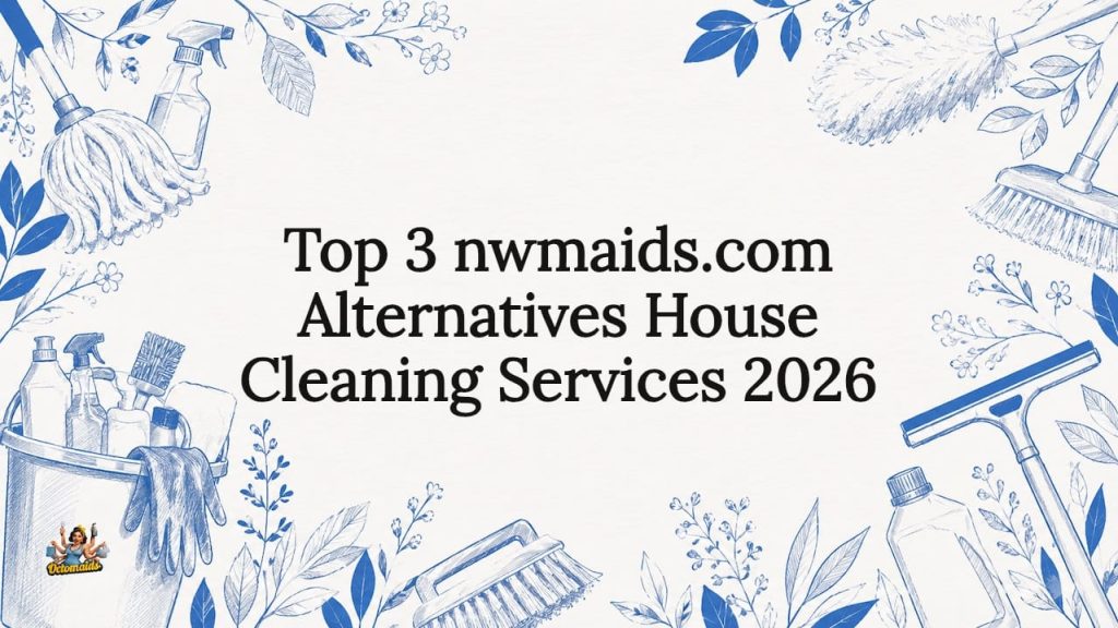 Decorative hand-drawn cleaning tools corner illustrations surrounding text area