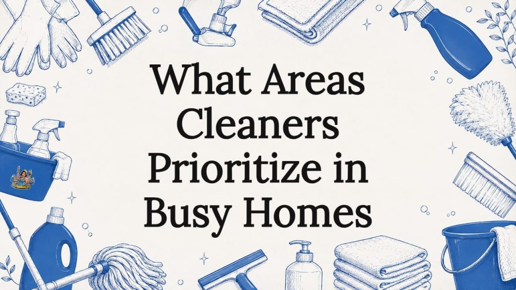 Decorative title card illustration with cleaning tools