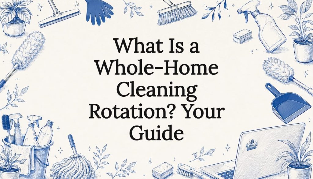 Decorative title card illustration with cleaning tools and botanicals