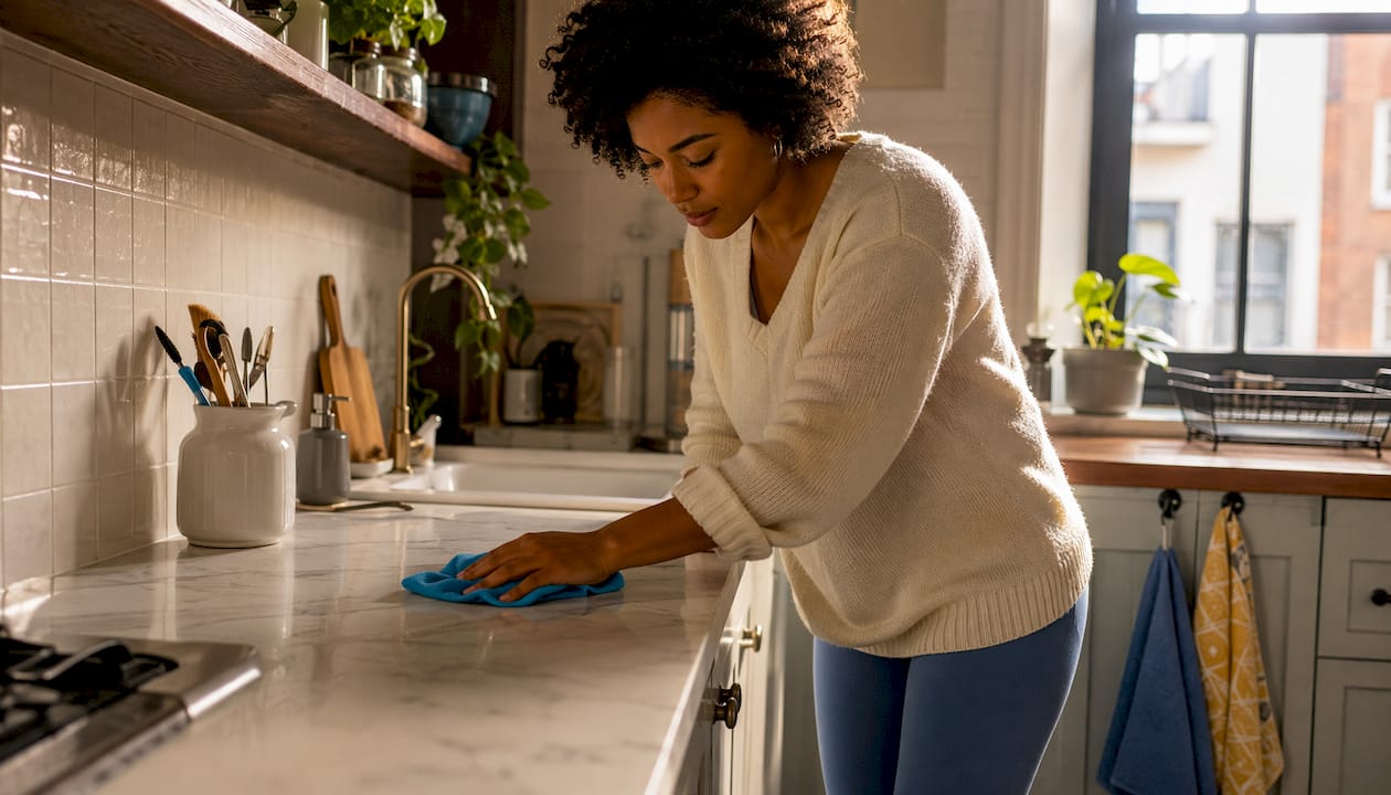 Woman wiping kitchen countertop