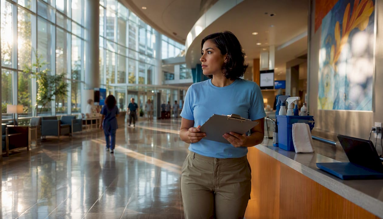 Cleaning professional assessing office space
