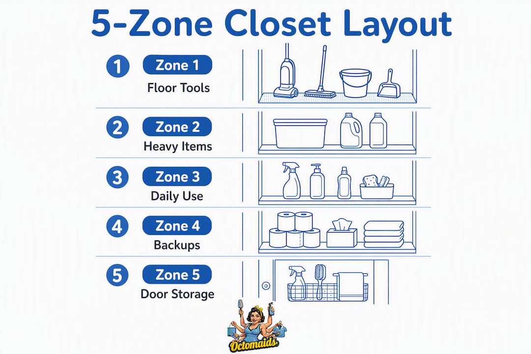 Infographic illustrating the 5-zone cleaning closet layout