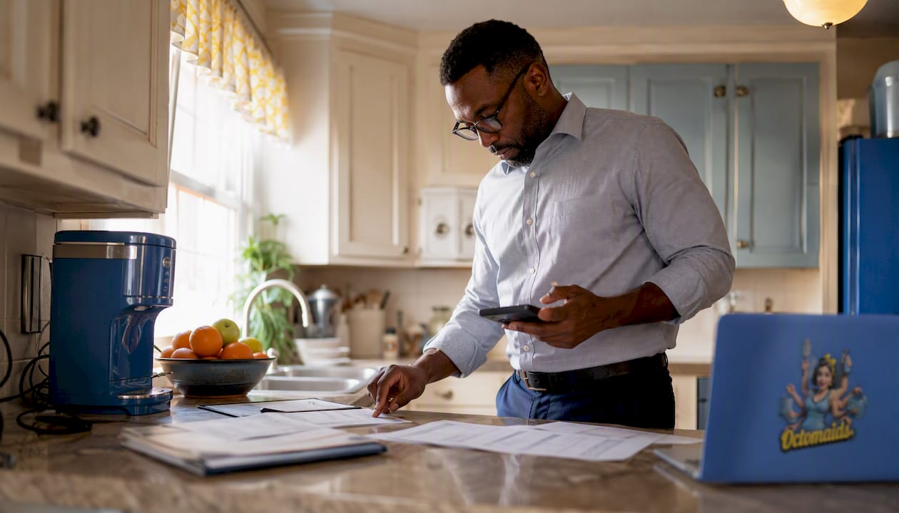 Man calculating payroll and taxes at home office