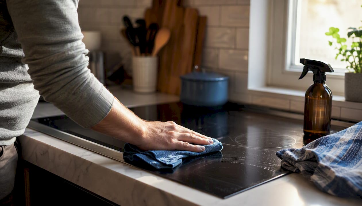 Hand wiping kitchen stovetop