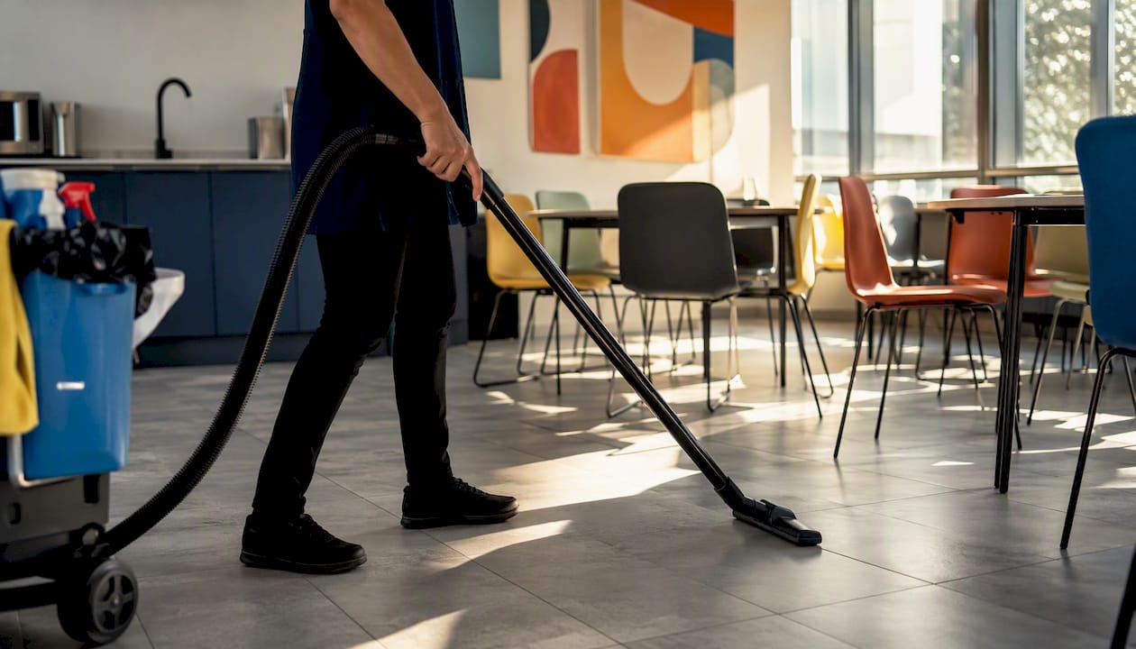 Cleaning professional vacuuming office floor