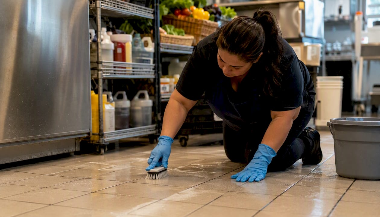 Cleaner scrubbing kitchen grout lines