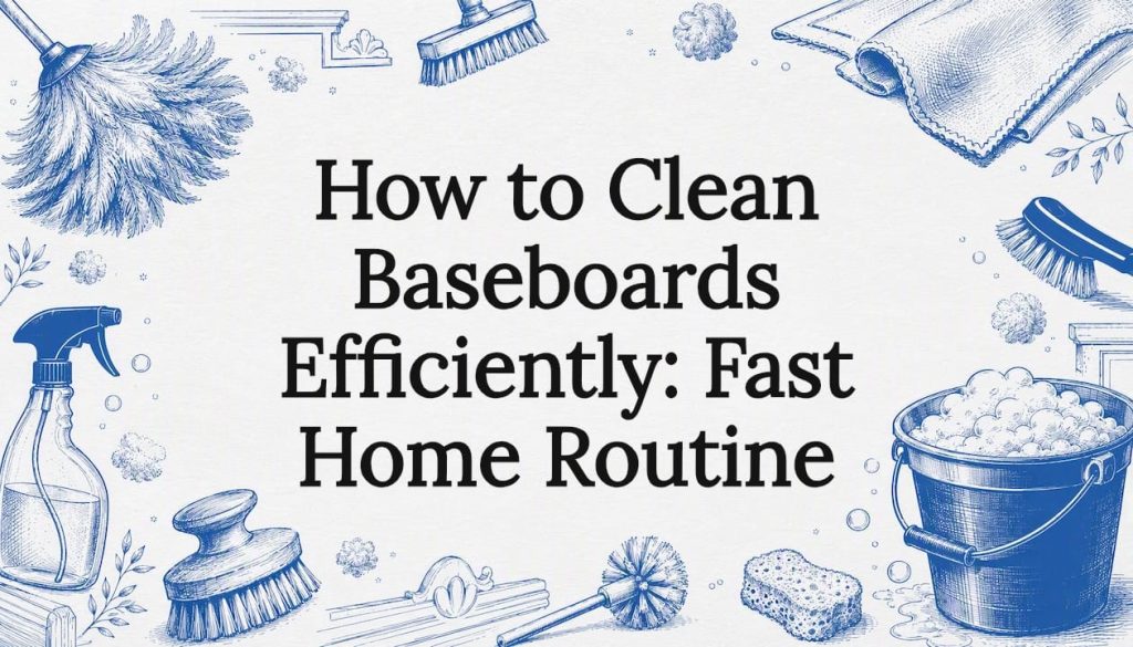Decorative title card with vintage cleaning tools illustration