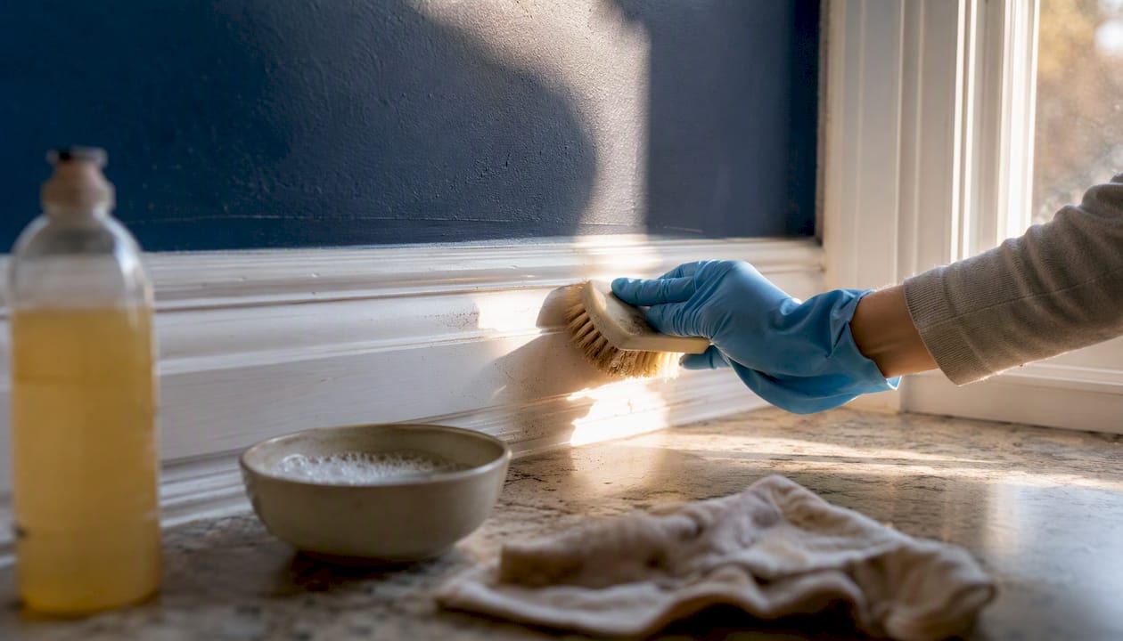 Gloved hand scrubbing wood baseboard with soap