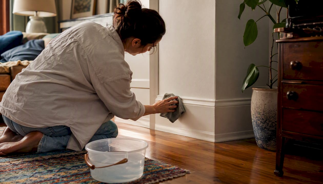Hand wiping baseboards with microfiber cloth
