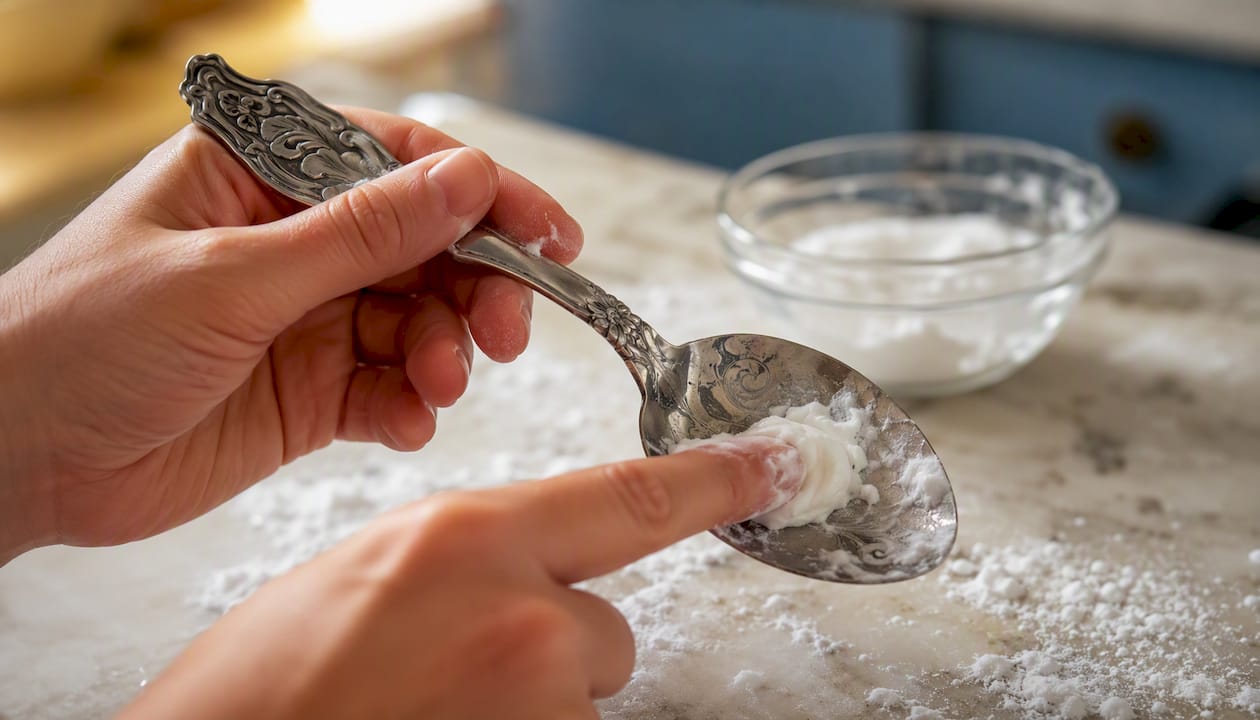 Applying baking soda paste to detailed silver spoon
