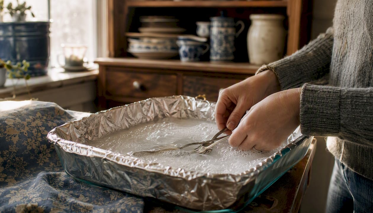 Hands placing silverware in baking soda and aluminum foil bath