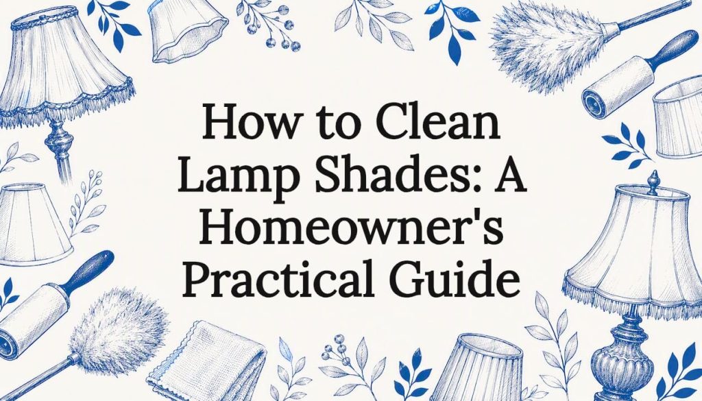 Decorative illustrated title card for lamp shade cleaning article