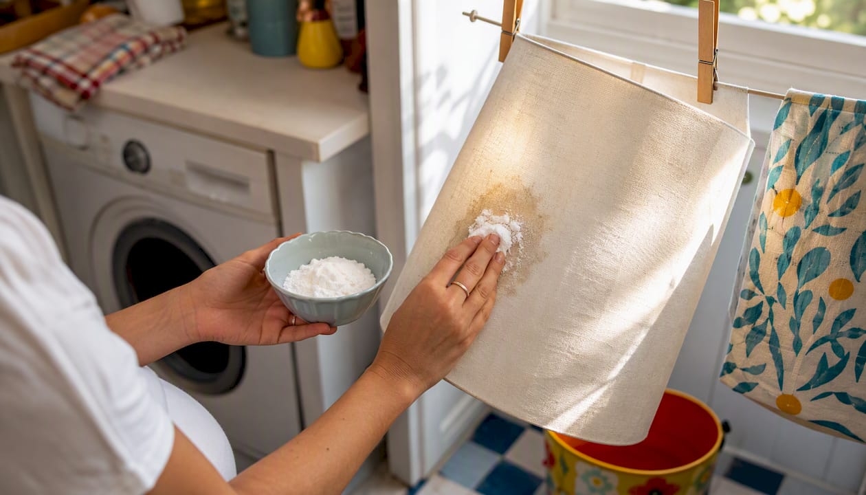 Hands treating grease stain on lamp shade