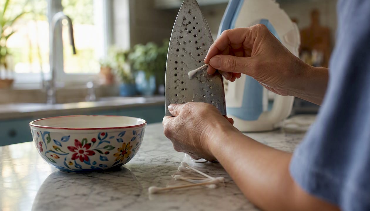 Hands flushing steam vents with vinegar solution