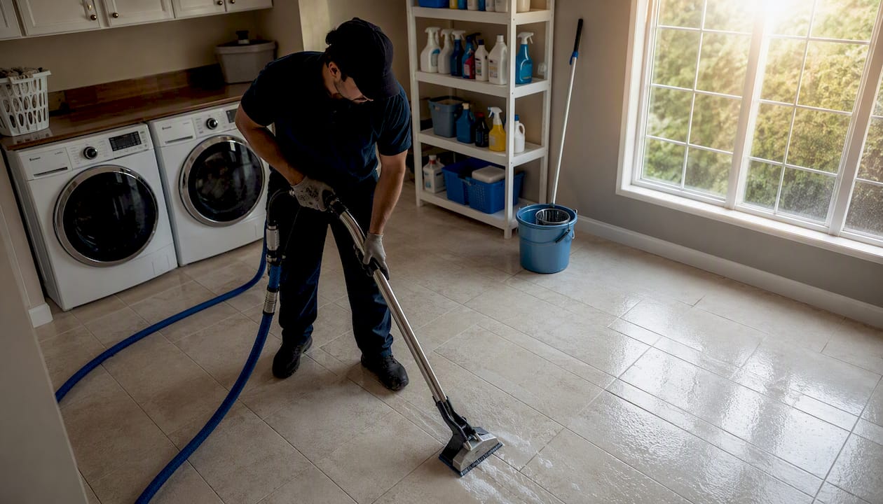 Professional cleaning technician using grout extractor