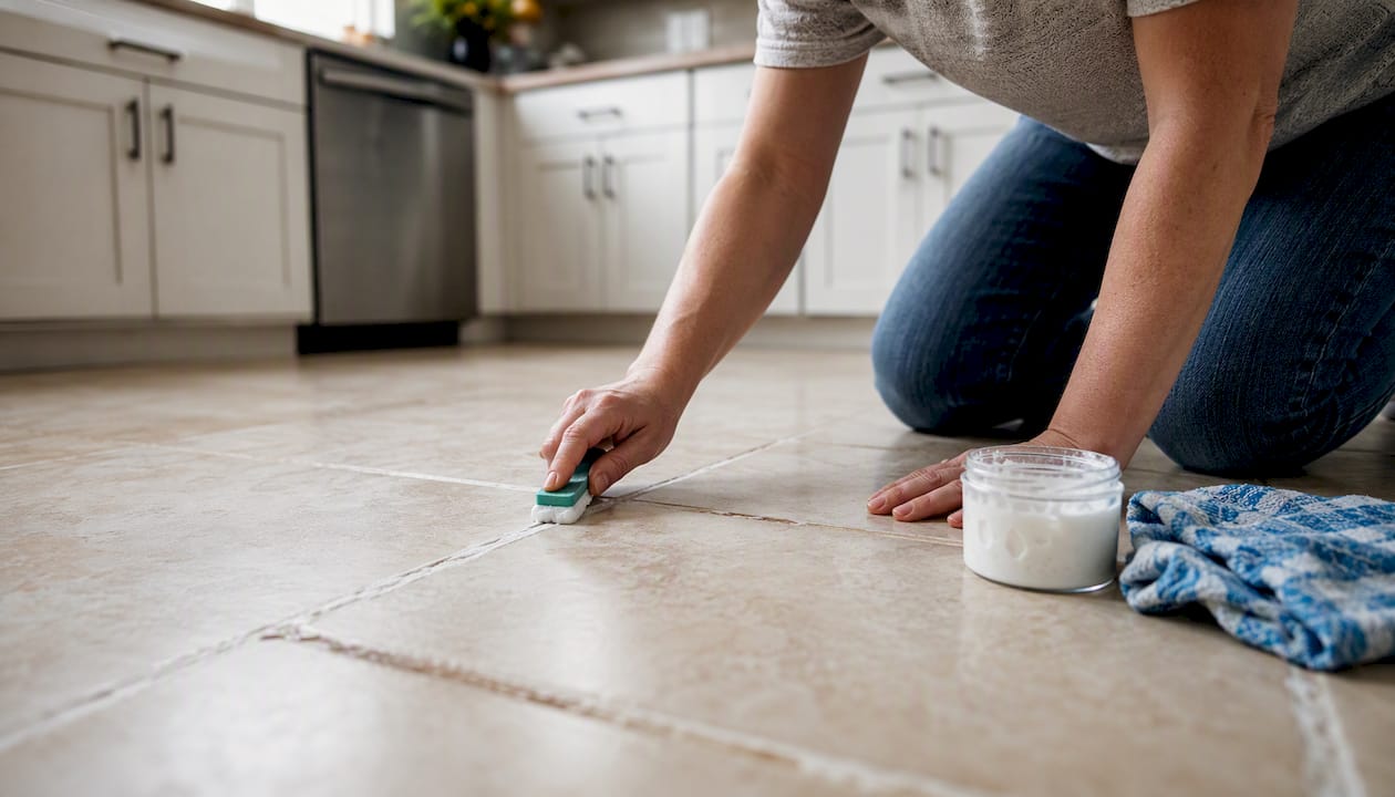 Hands applying cleaning paste on grout lines
