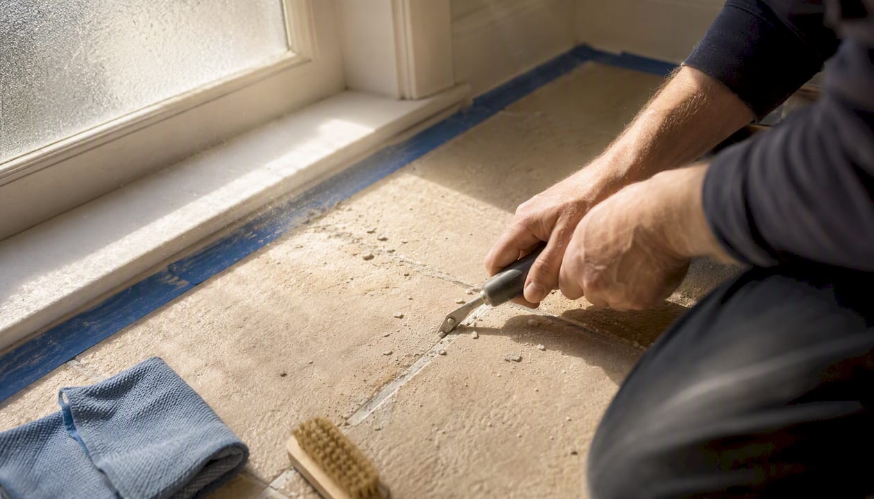 Hands removing old grout with saw