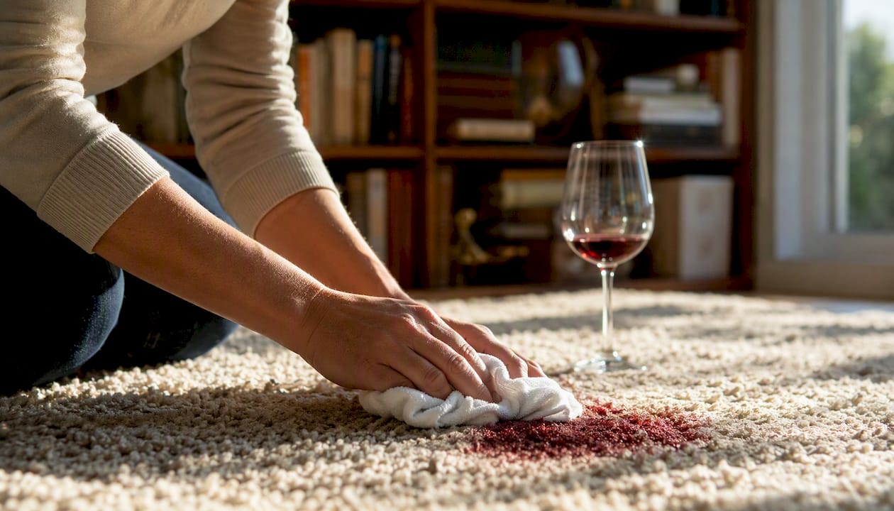 Hands blotting red wine stain on carpet