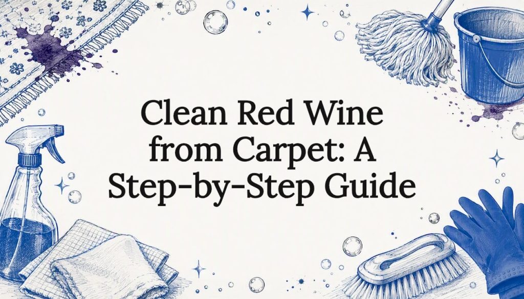 Decorative title card with wine stain and cleaning tools
