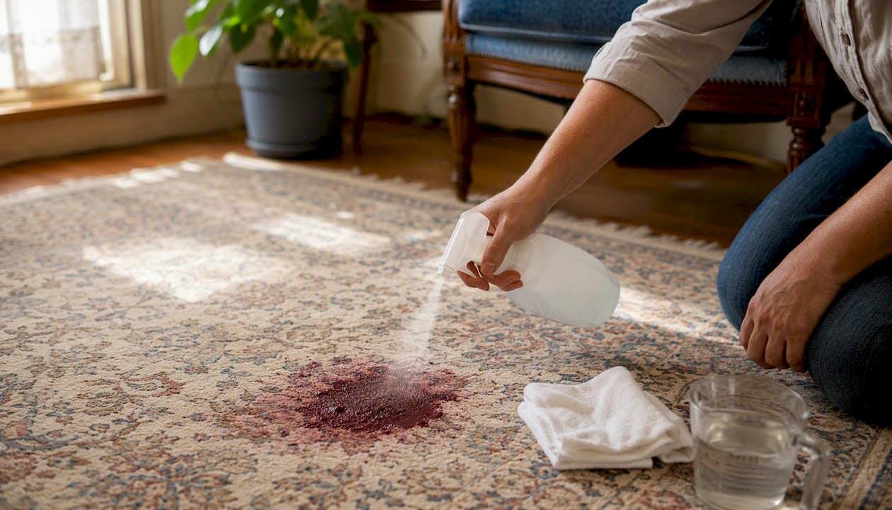 Applying cleaner to red wine stain on carpet