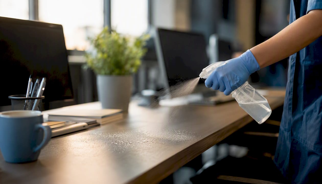 Disinfectant applied to keyboard and mouse, droplets visible