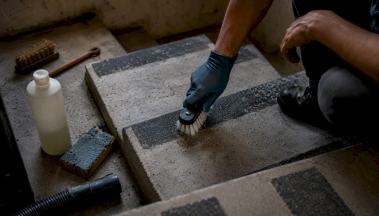 Hands brushing abrasive safety grip tape