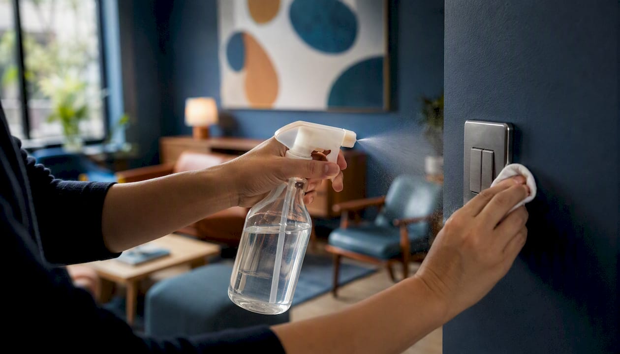 Hands spraying disinfectant on office high-touch surface