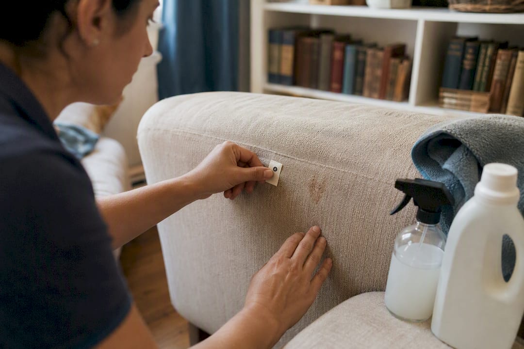 Hands inspecting couch stain and care tag