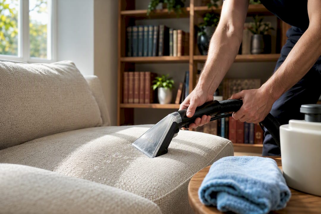 Applying portable upholstery extractor on couch