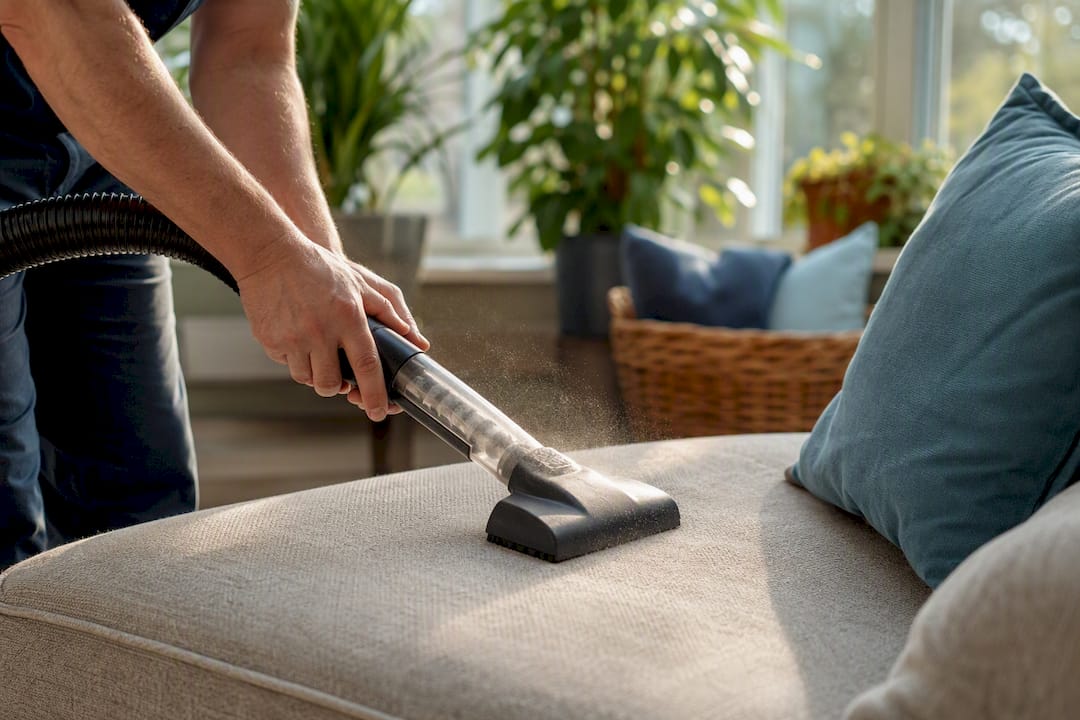 Hands vacuuming fabric couch upholstery