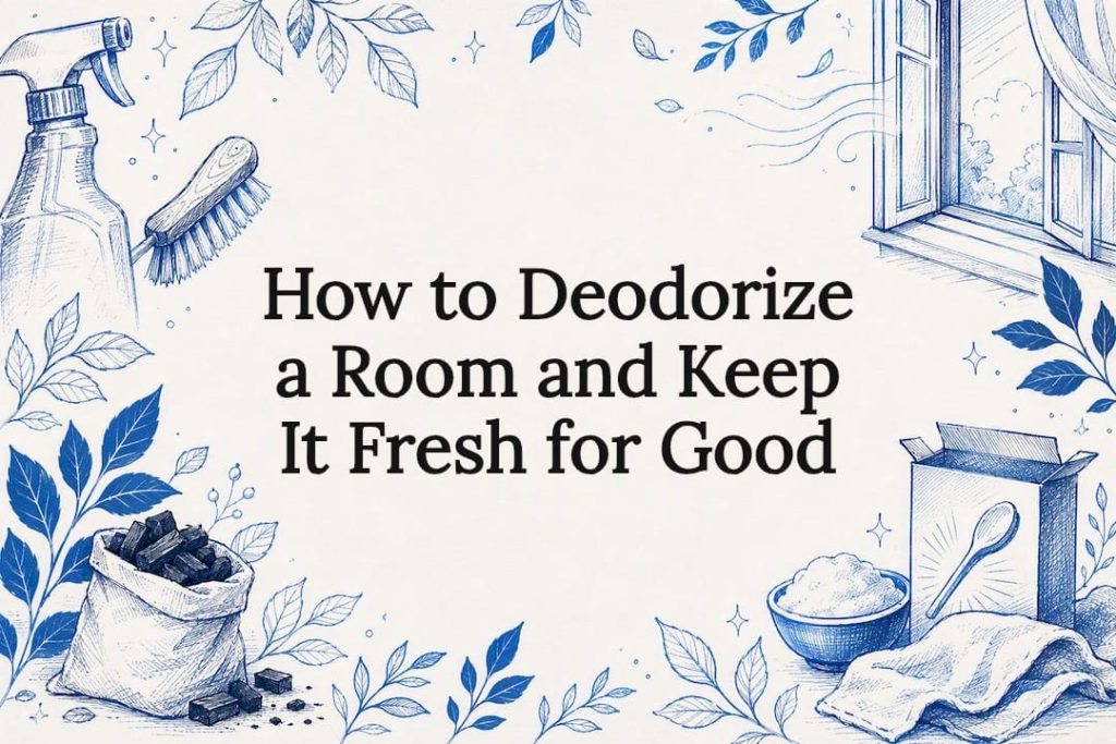 Decorative title card illustration of cleaning and deodorizing items