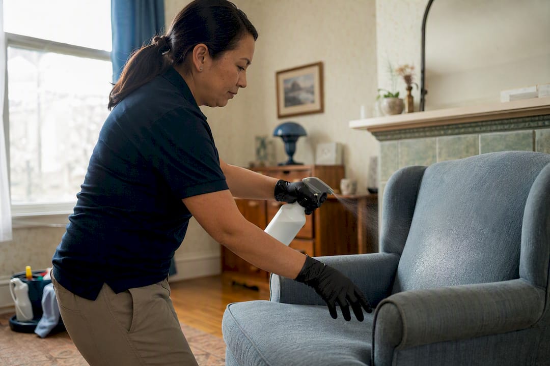 Professional cleaner spraying upholstery to remove odors