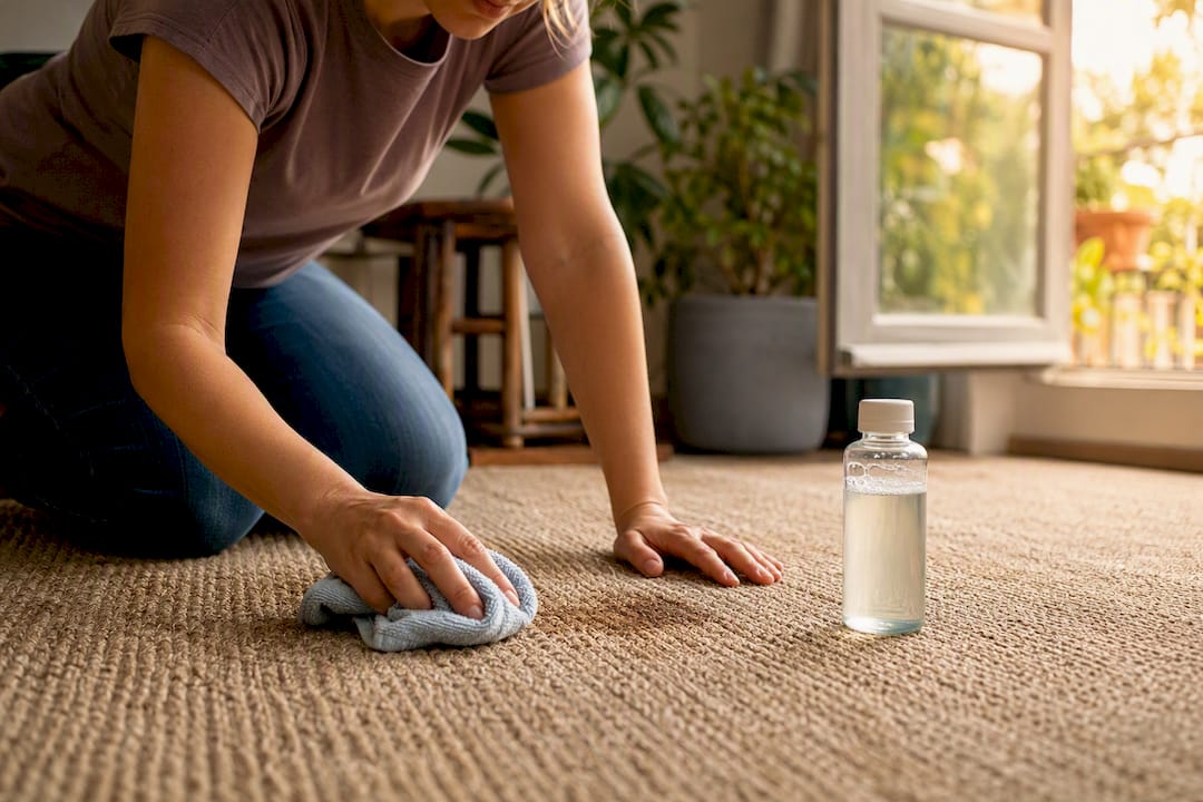 Person blotting carpet stain to remove pet odor