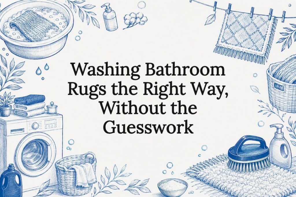 Decorative title card illustration of bathroom rug care