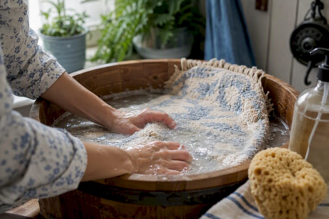 Hands hand-washing delicate bathroom rug in basin