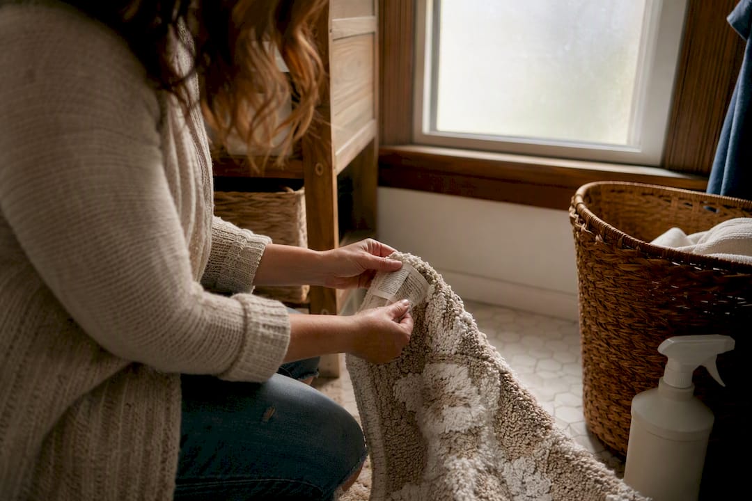 Hands flipping bathroom rug to read care label