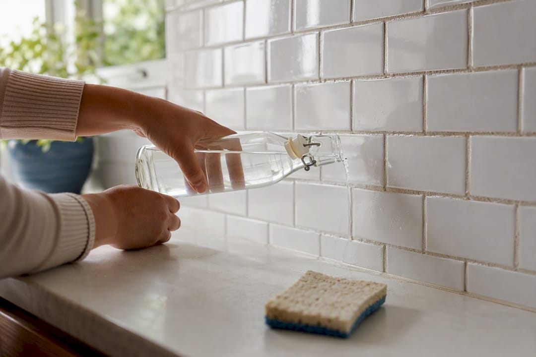 Hands spraying vinegar allowing it to soak into grout