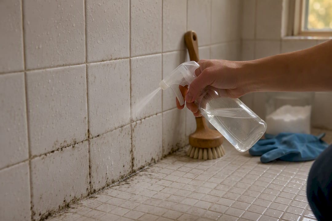 Hands applying vinegar onto moldy grout in bathroom