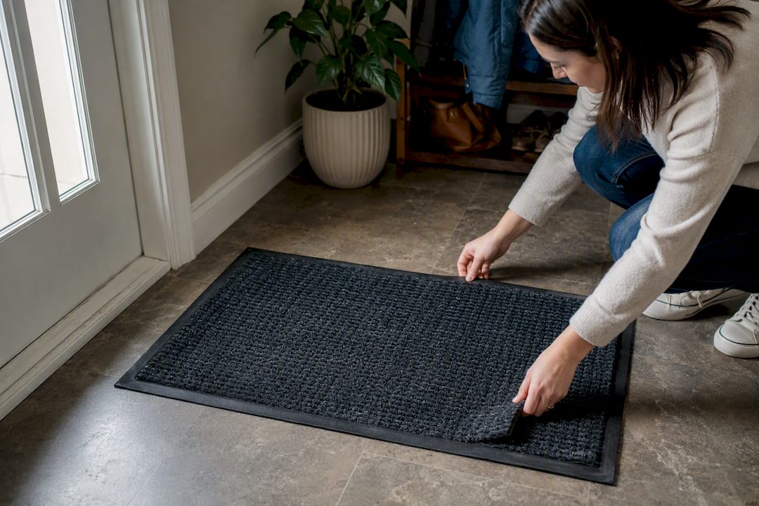 Hands rotating walk-off mats on vinyl floor