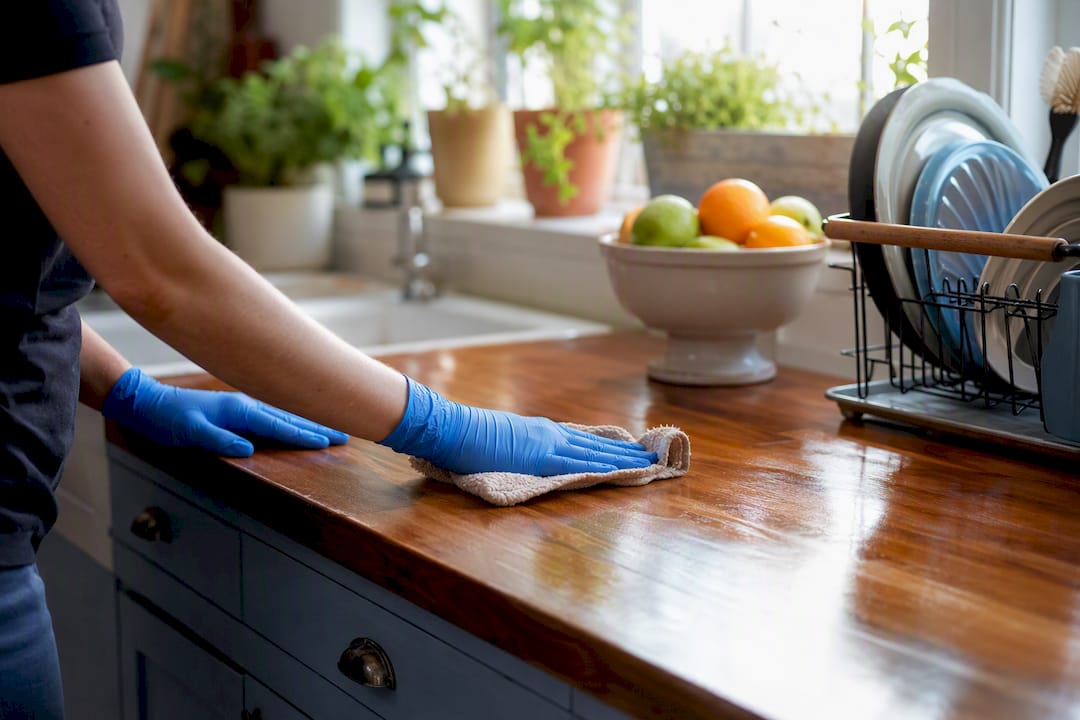 Hands wiping countertop with eco-friendly cleaner