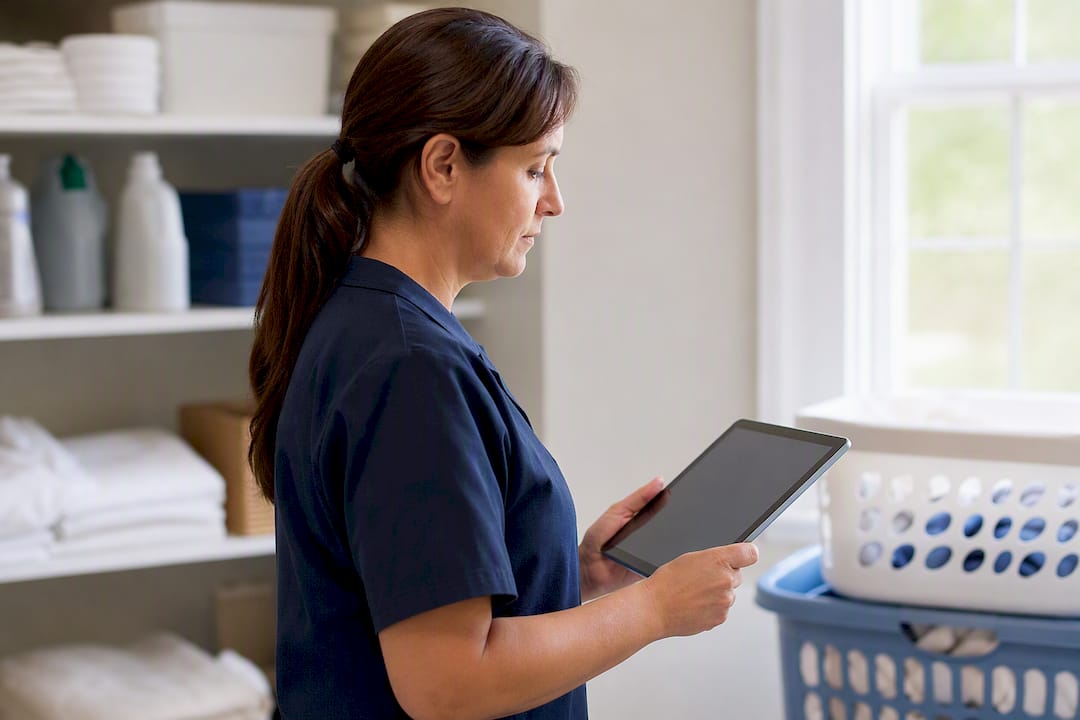 Cleaner verifying background check details on device