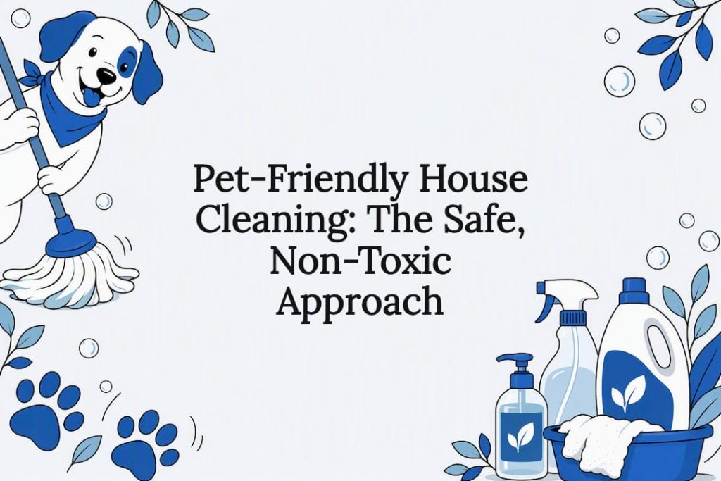 Decorative title card with pet and cleaning icons