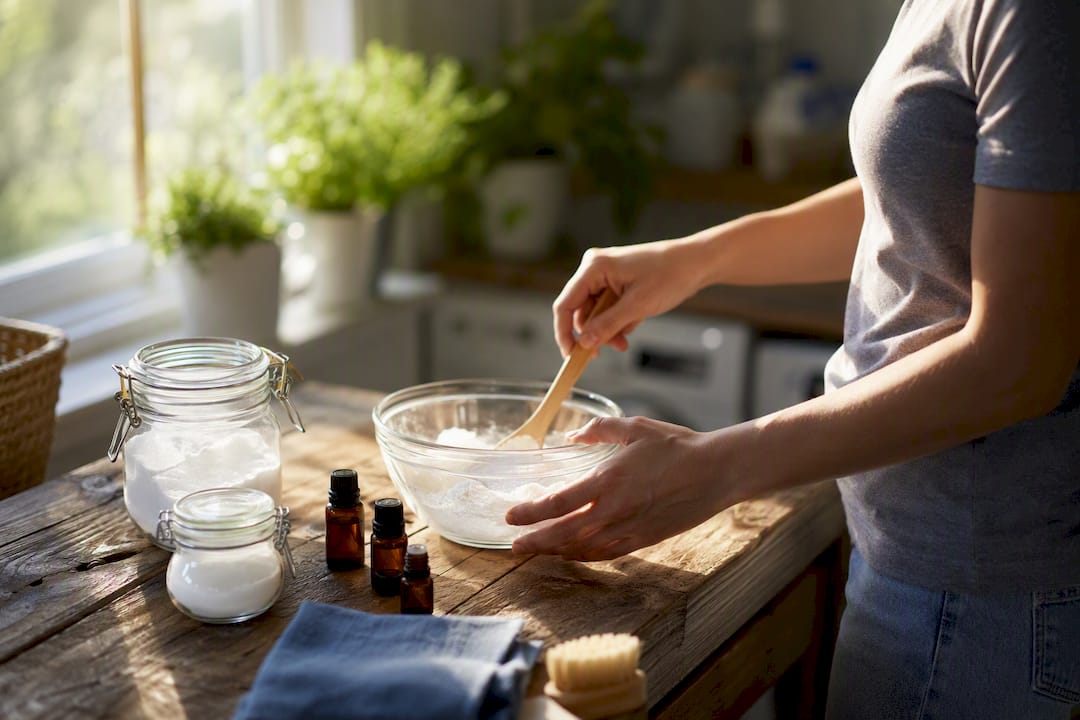 Hands mixing natural cleaning solution next to pet paw prints
