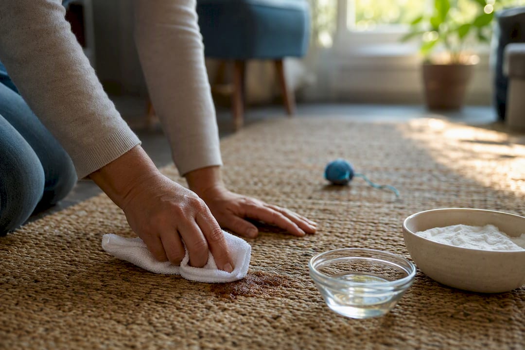 Hands blotting carpet stain with natural cleaner