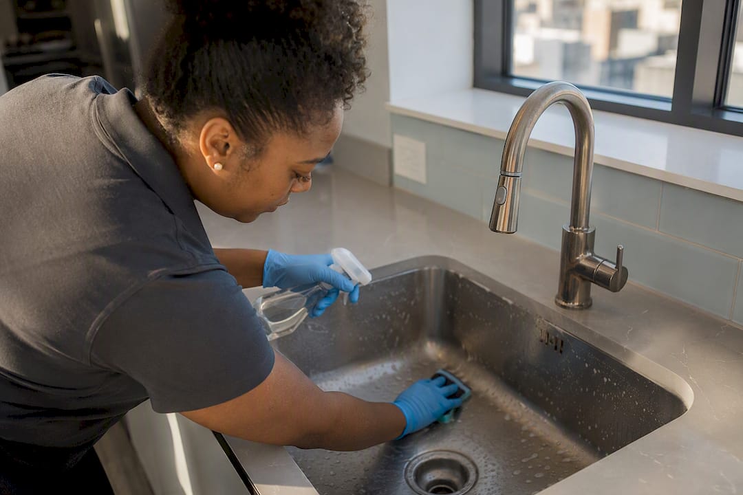 Cleaner scrubbing kitchen sink during move-out clean